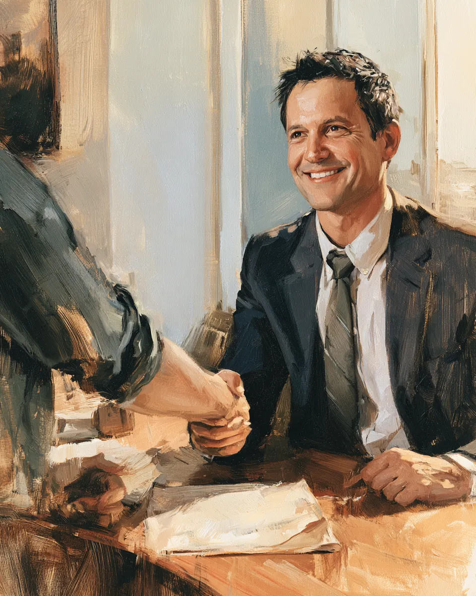 Borrower shaking hands with a loan officer over an approved $1,000 loan agreement