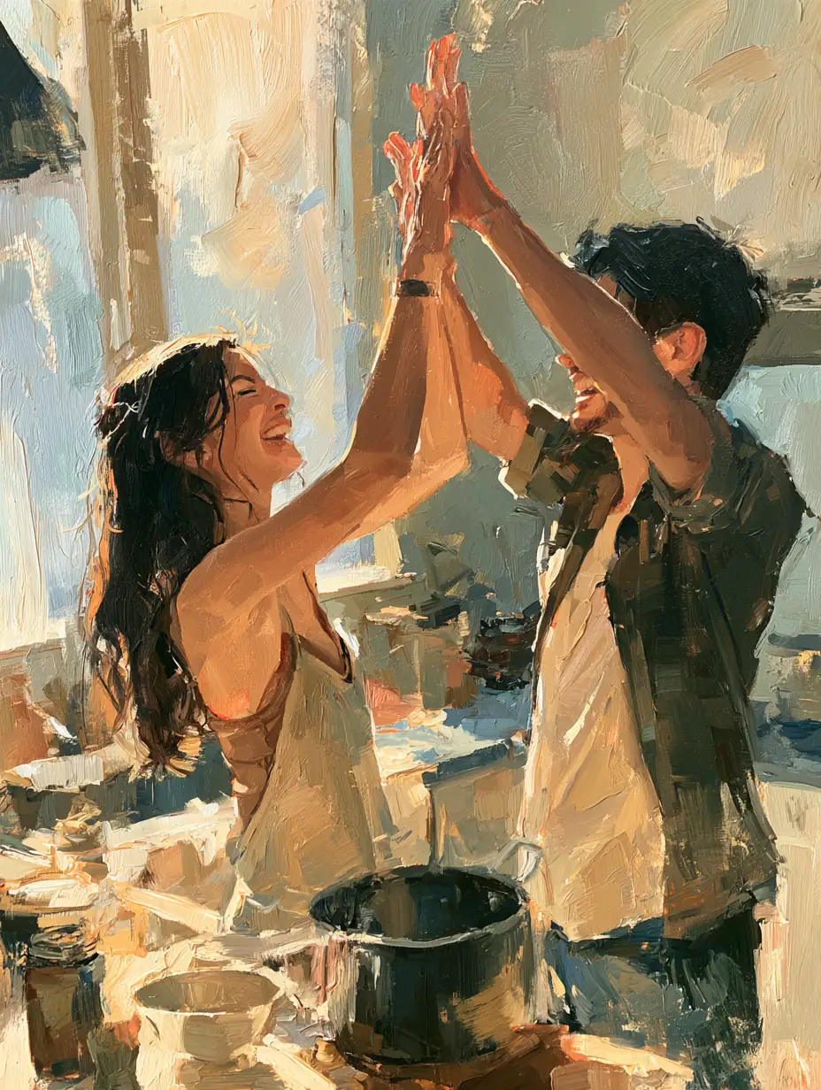Couple celebrating a personal loan approval in their kitchen
