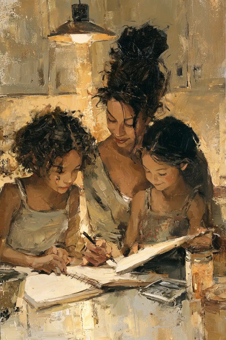 Mother and two children working through a family budget with a notebook and jars