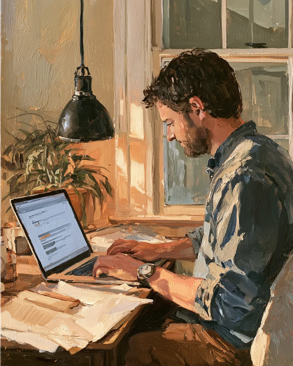Applicant working through the loan request process at a tidy home desk