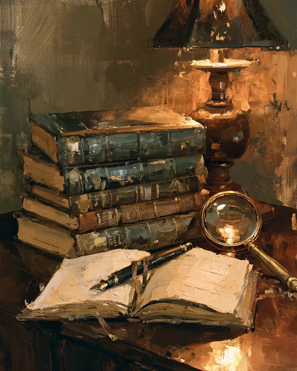 Stack of financial reference books with a fountain pen on a reading desk