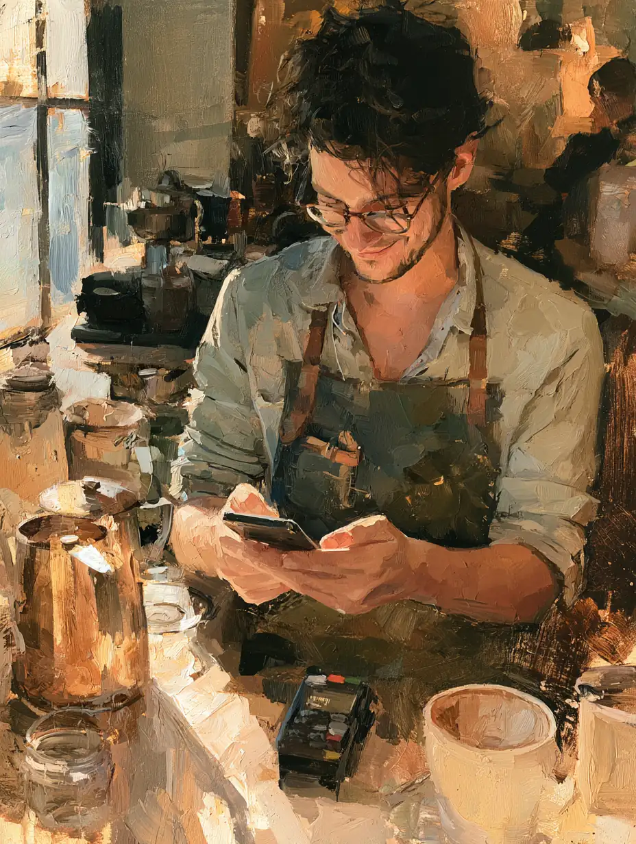 Man making a mobile payment on his $1,000 loan from a cafe