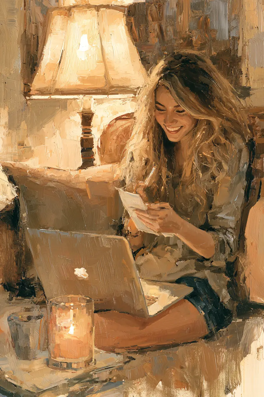 Woman happily paying a small bill online after a quick $500 loan deposit