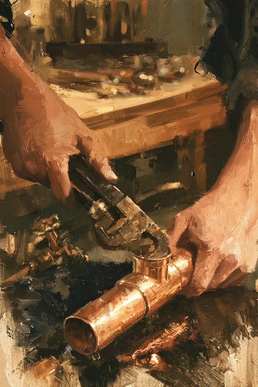 Close-up of hands repairing a copper pipe joint under a sink