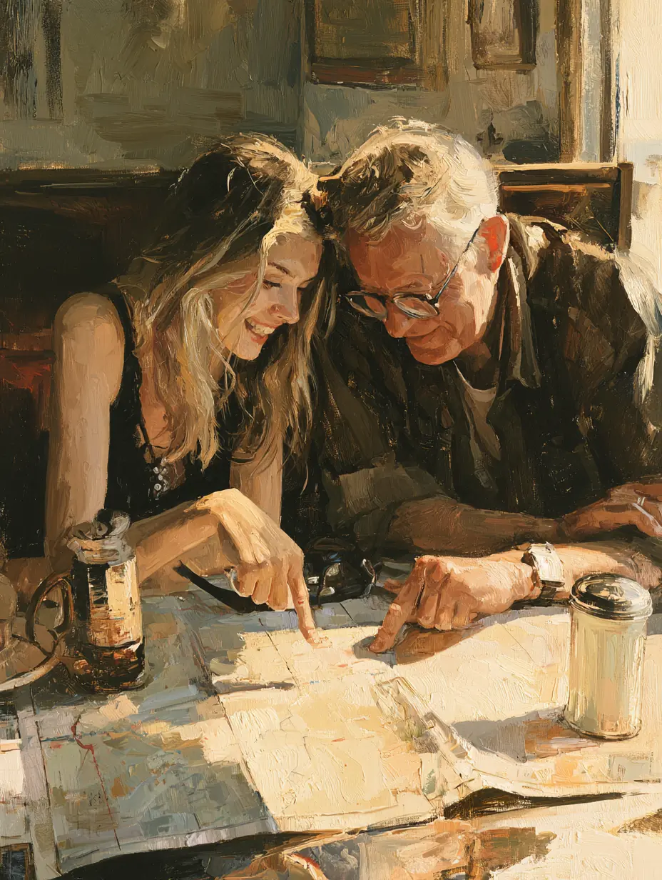 Couple tracing a route on a paper road map at their kitchen table