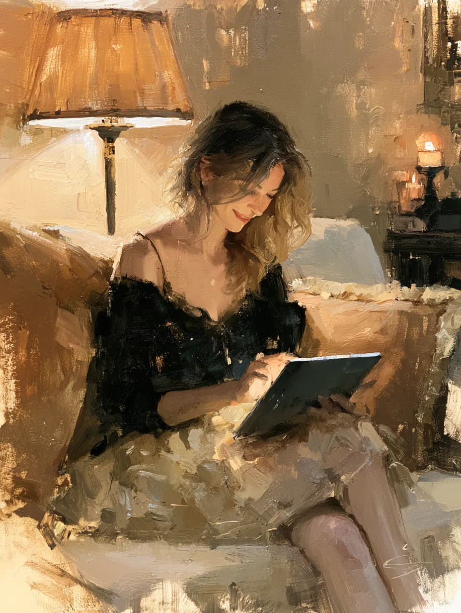 Borrower comfortably reading loan reviews on a tablet at home