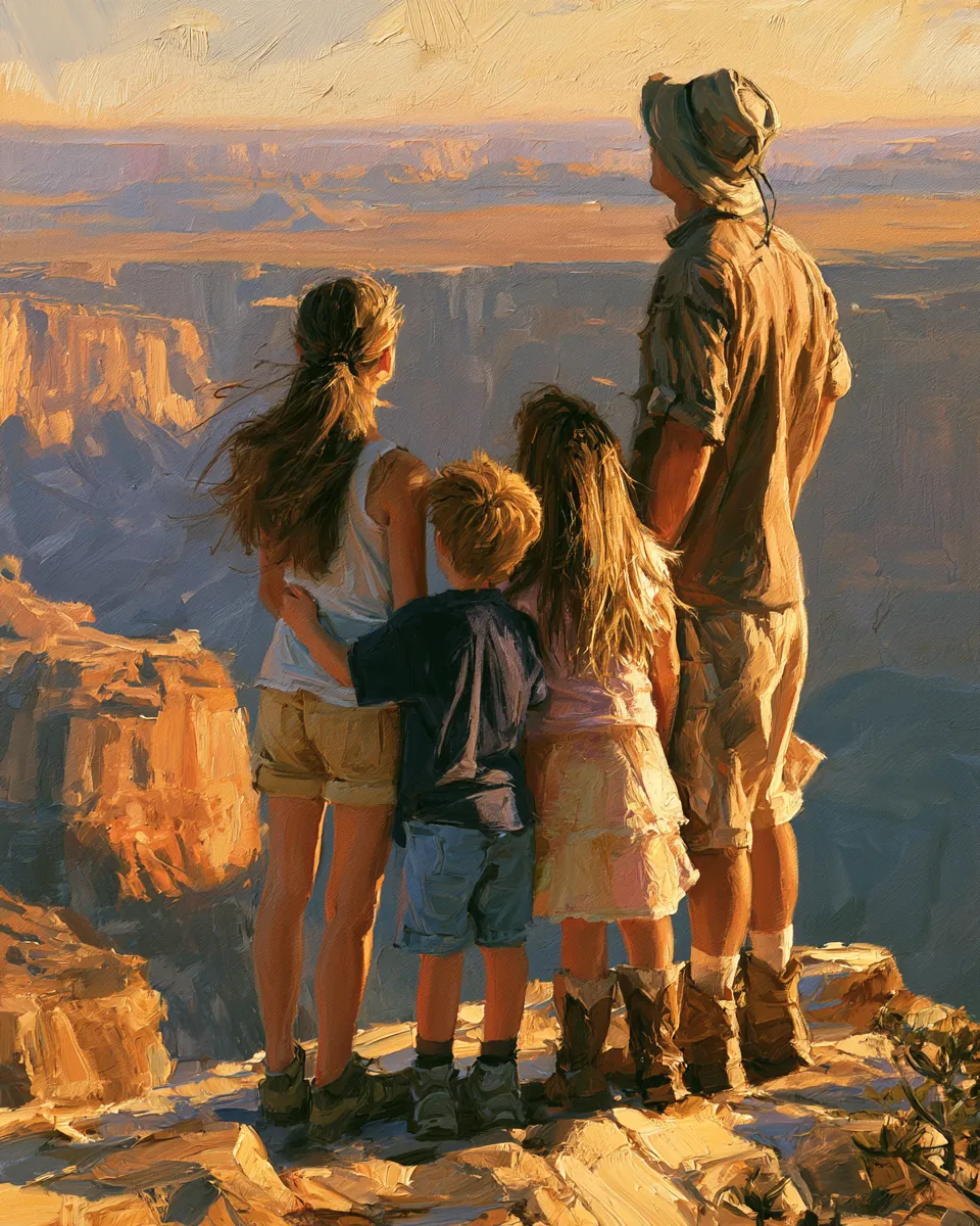 Family of four overlooking a scenic canyon at golden hour, planning travel financed through Sunbit Application