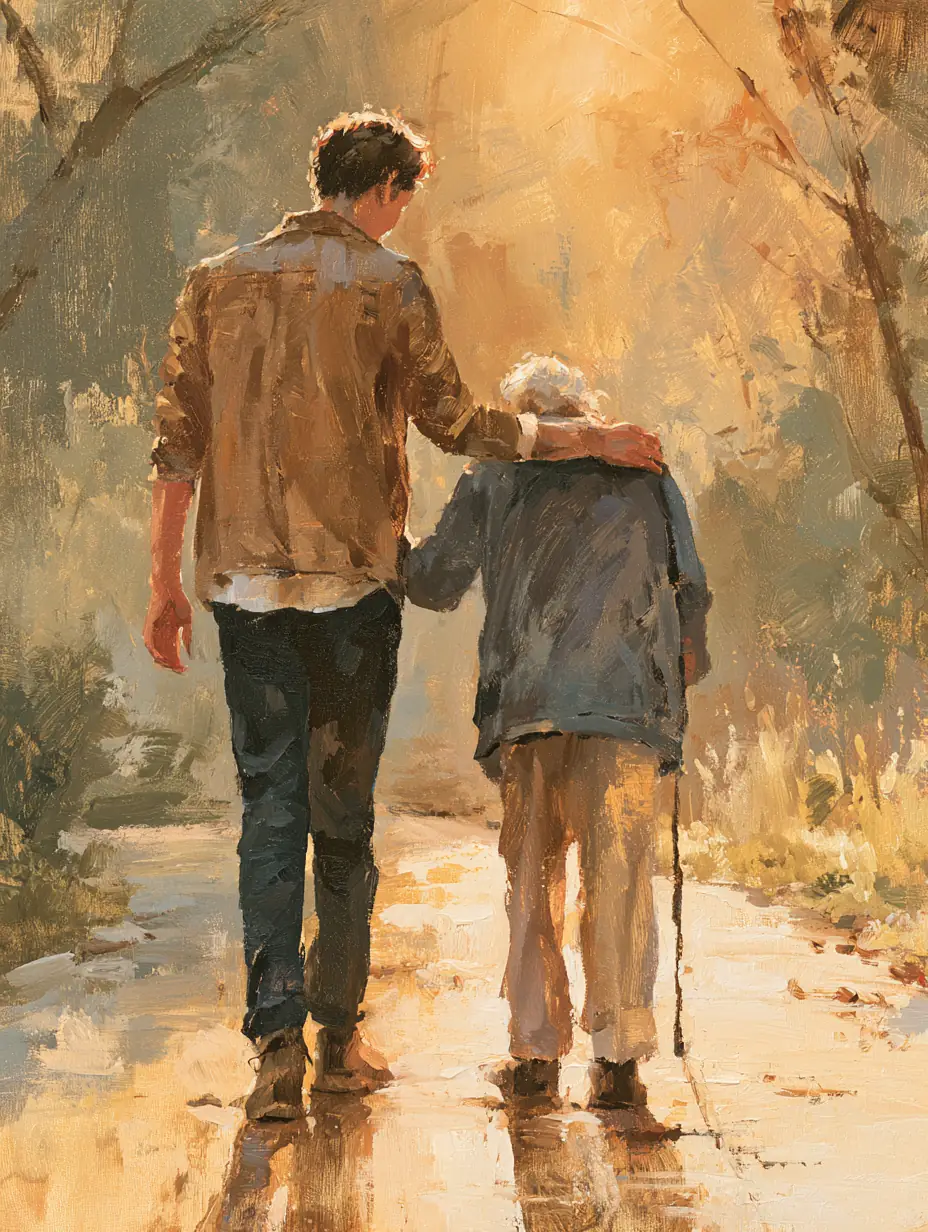 Adult gently guiding an elderly father along a garden path